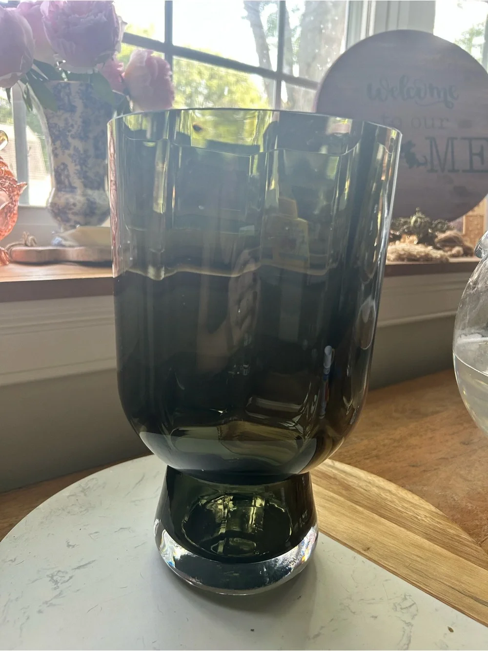 Smoked Green Glass Pedestal Vase - Home Accents